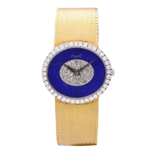 18ct yellow gold Piaget ref. 9806 diamond and lapis lazuli dial bracelet watch. Made 1970