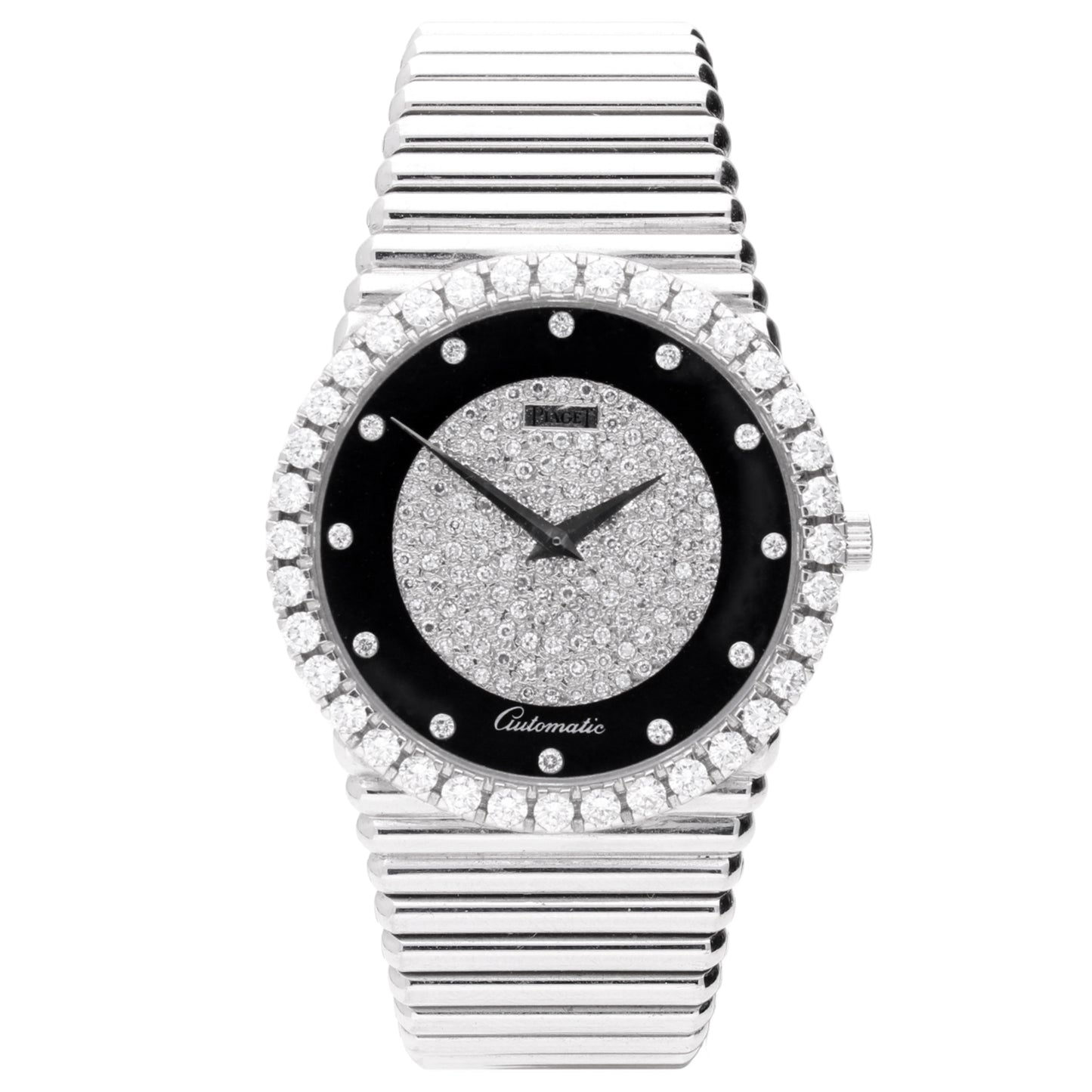 18ct white gold Piaget ref. 12336 bracelet watch with onyx and pavé diamond set dial and diamond set set bezel. Made 1970's