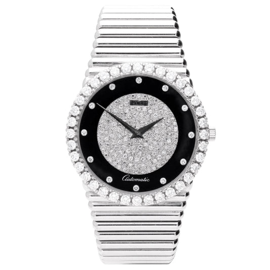 18ct white gold Piaget ref. 12336 bracelet watch with onyx and pavé diamond set dial and diamond set set bezel. Made 1970's