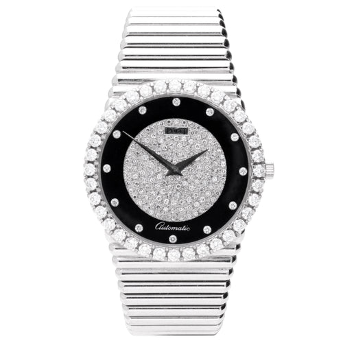 18ct white gold Piaget ref. 12336 bracelet watch with onyx and pavé diamond set dial and diamond set set bezel. Made 1970's