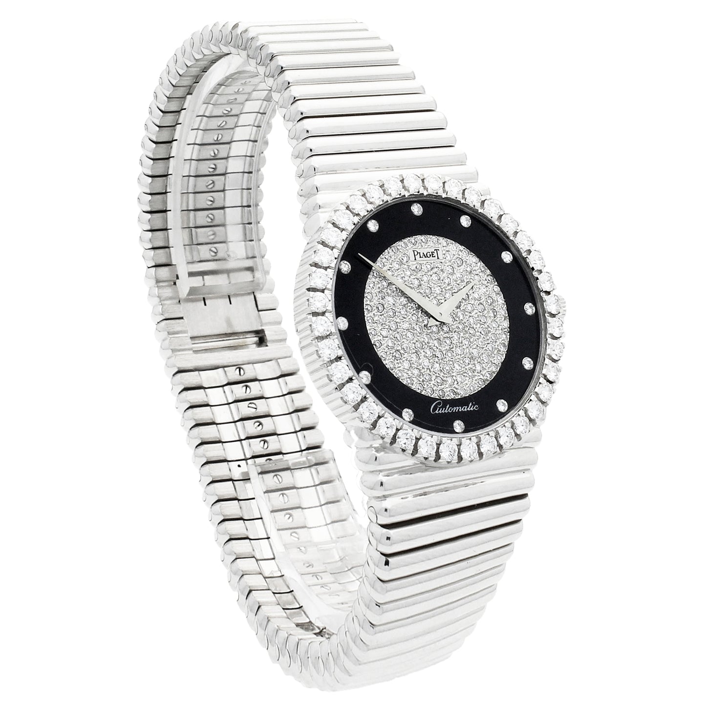 18ct white gold Piaget ref. 12336 bracelet watch with onyx and pavé diamond set dial and diamond set set bezel. Made 1970's