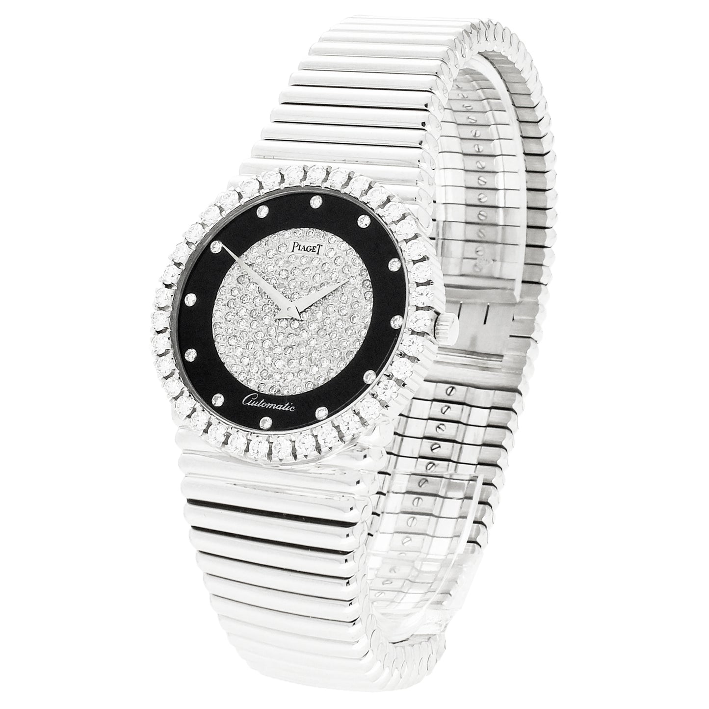 18ct white gold Piaget ref. 12336 bracelet watch with onyx and pavé diamond set dial and diamond set set bezel. Made 1970's