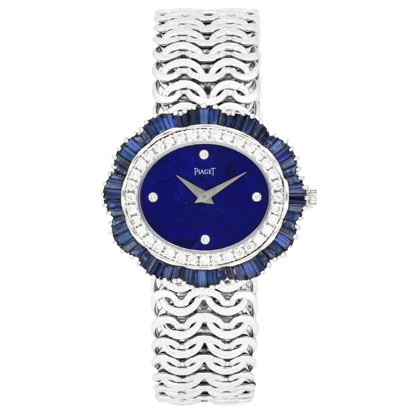 18ct white gold Piaget ref. 9317 'oval cased' with lapis lazuli dial and diamond and sapphire set bezel bracelet watch. Made 1970's