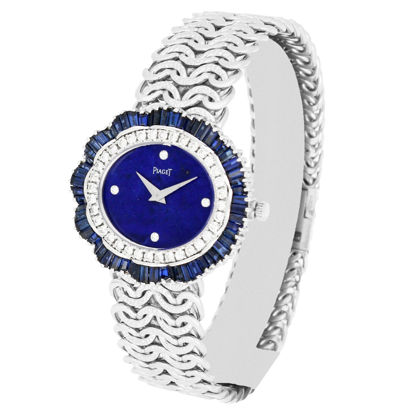 18ct white gold Piaget ref. 9317 'oval cased' with lapis lazuli dial and diamond and sapphire set bezel bracelet watch. Made 1970's