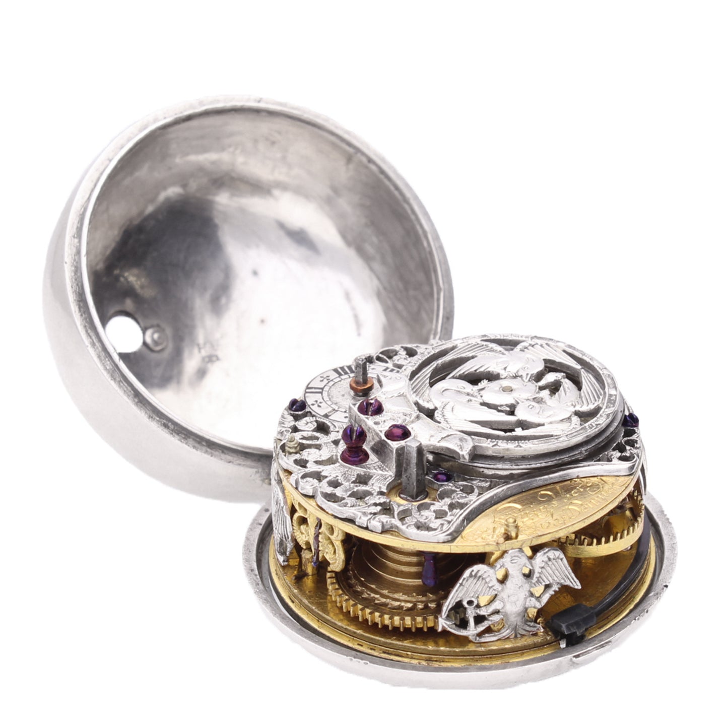 Silver Octavy Johann pair cased sun and moon verge watch. Made 1720