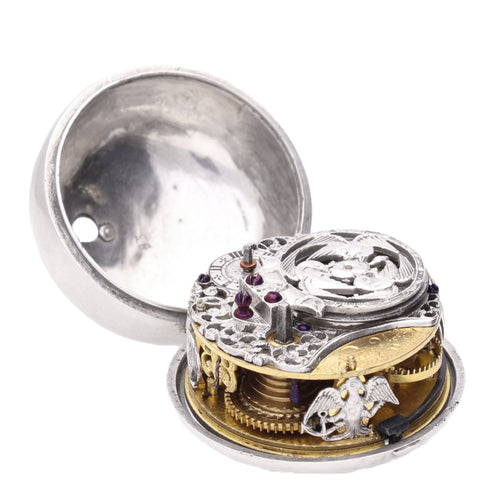 Silver Octavy Johann pair cased sun and moon verge watch. Made 1720