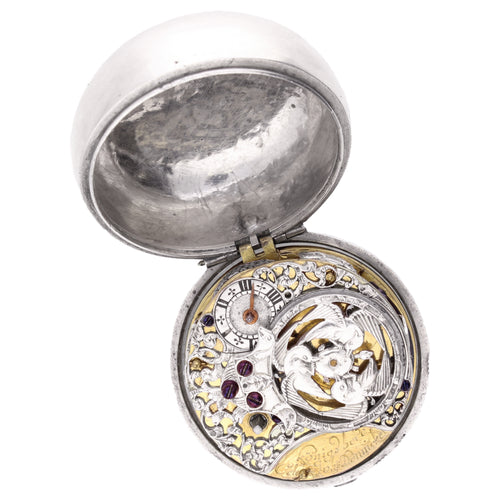 Silver Octavy Johann pair cased sun and moon verge watch. Made 1720