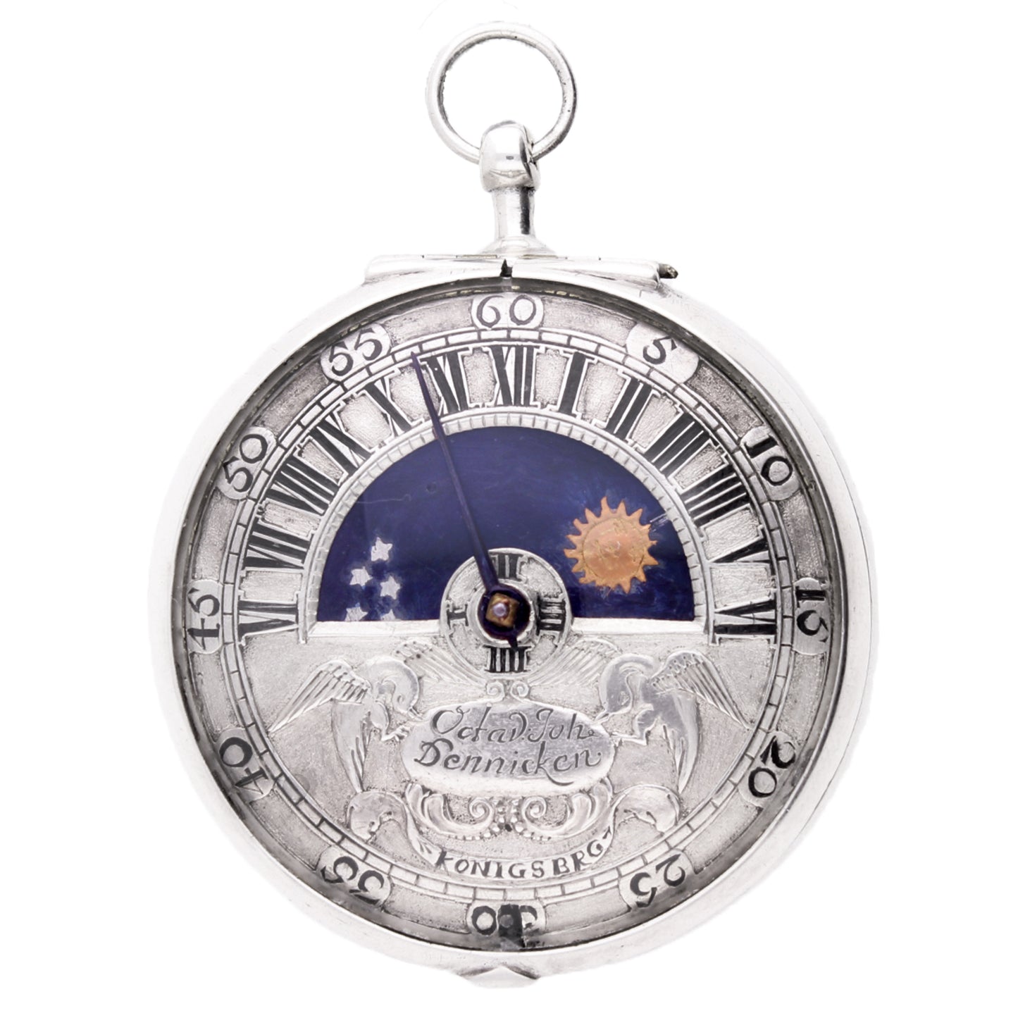 Silver Octavy Johann pair cased sun and moon verge watch. Made 1720