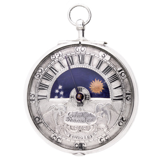 Silver Octavy Johann pair cased sun and moon verge watch. Made 1720