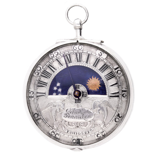 Silver Octavy Johann pair cased sun and moon verge watch. Made 1720