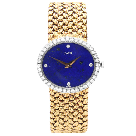 18ct yellow gold Piaget ref. 9806 'oval cased' bracelet watch with lapis lazuli dial and diamond set bezel. Made 1970s