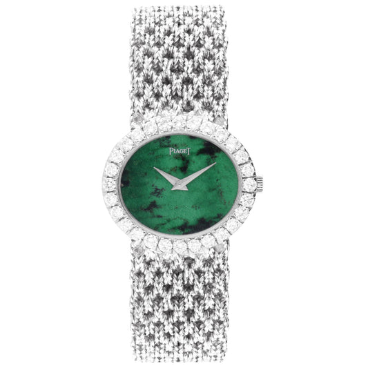 18ct white gold Piaget ref. 9804 'oval cased with jadeite dial and diamond set bezel bracelet watch. Made 1970's