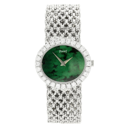 18ct white gold Piaget ref. 9804 'oval cased with jadeite dial and diamond set bezel bracelet watch. Made 1970's