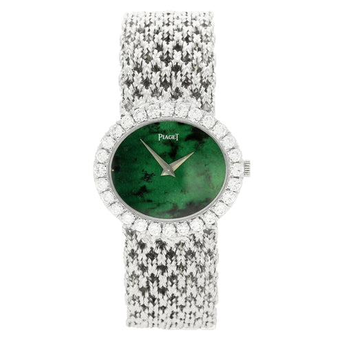18ct white gold Piaget 'oval cased with jadeite dial and diamond set bezel bracelet watch. Made 1970's