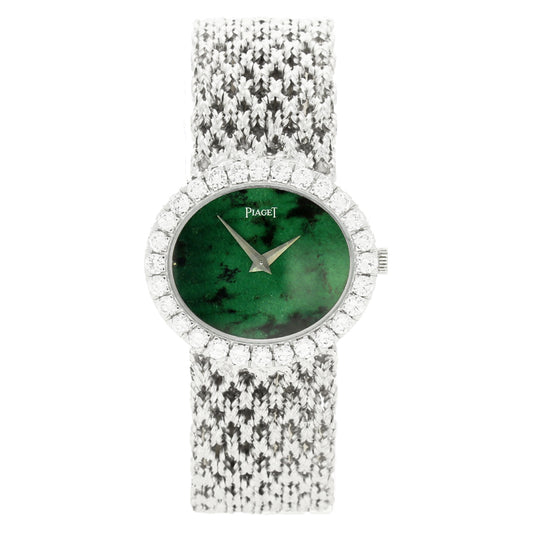 18ct white gold Piaget ref. 9804 'oval cased with jadeite dial and diamond set bezel bracelet watch. Made 1970's