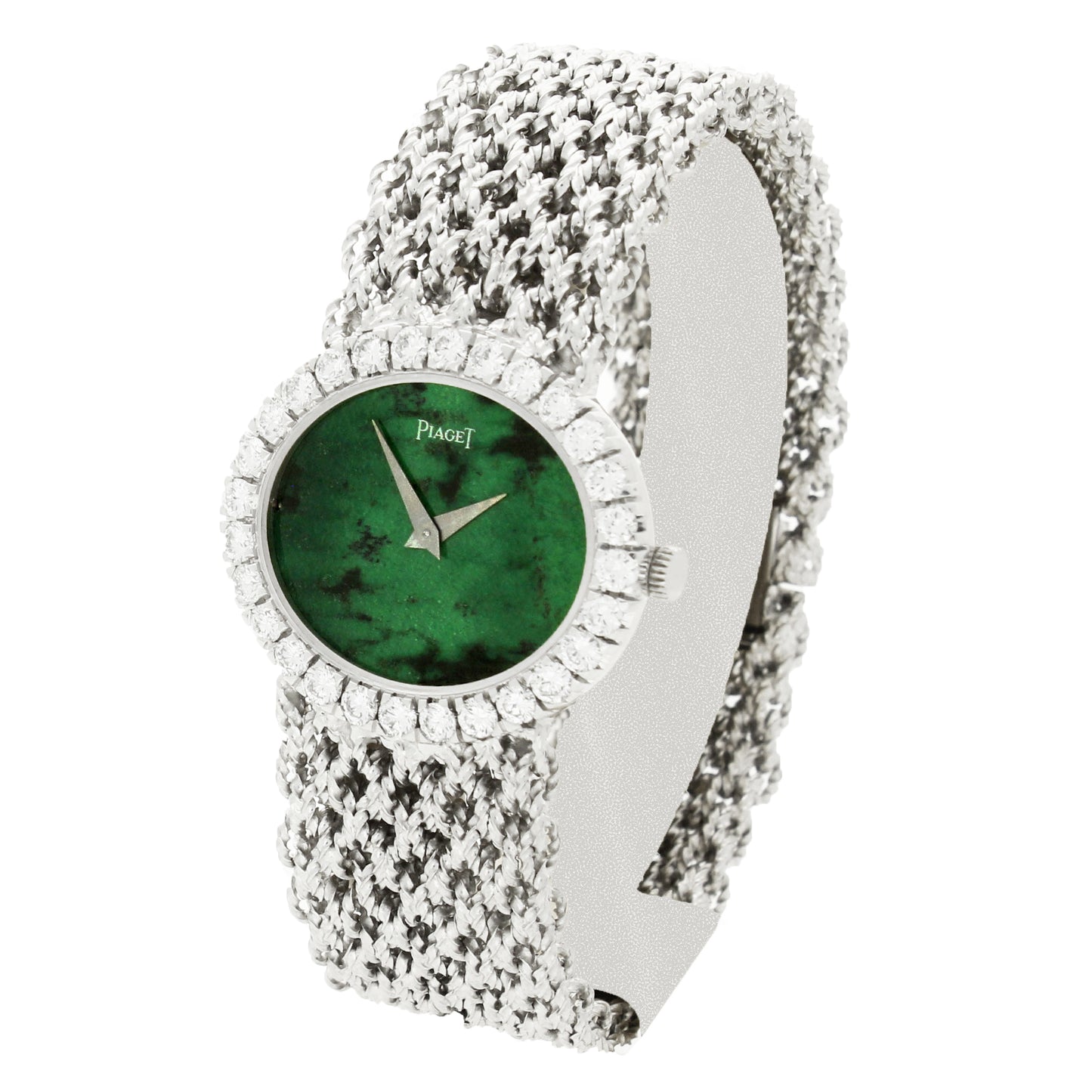 18ct white gold Piaget 'oval cased with jadeite dial and diamond set bezel bracelet watch. Made 1970's