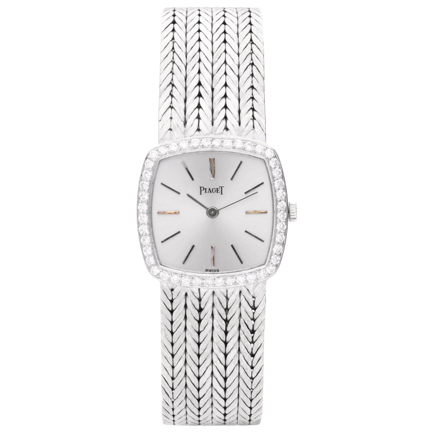 18ct white gold 'cushion cased' Piaget ref. 9235 with silvered dial and diamond set bezel bracelet watch. Made 1970's