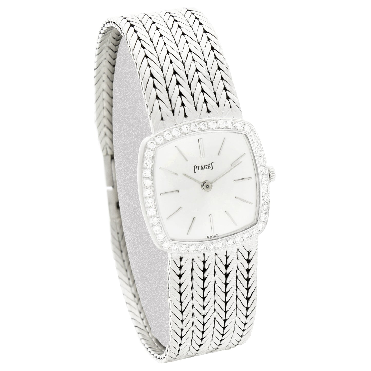 18ct white gold 'cushion cased' Piaget ref. 9235 with silvered dial and diamond set bezel bracelet watch. Made 1970's