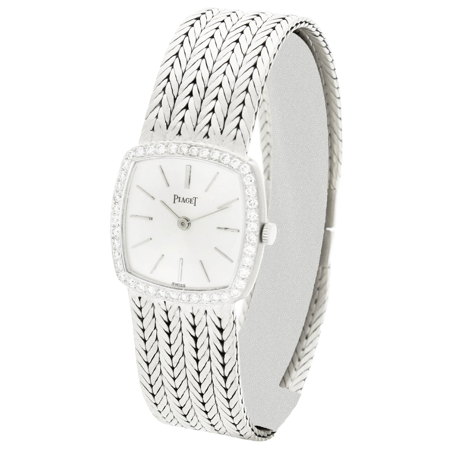 18ct white gold 'cushion cased' Piaget ref. 9235 with silvered dial and diamond set bezel bracelet watch. Made 1970's