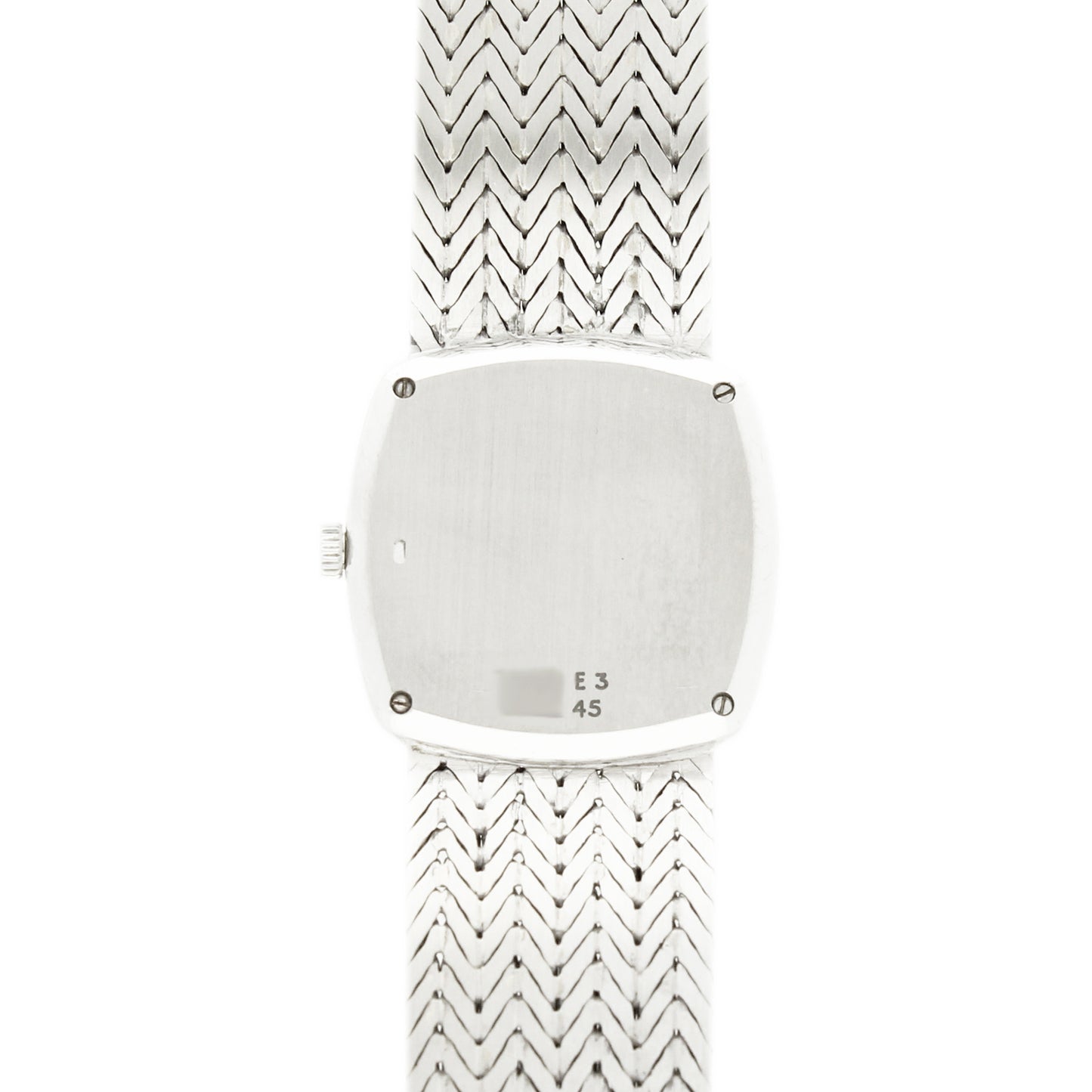 18ct white gold 'cushion cased' Piaget ref. 9235 with silvered dial and diamond set bezel bracelet watch. Made 1970's