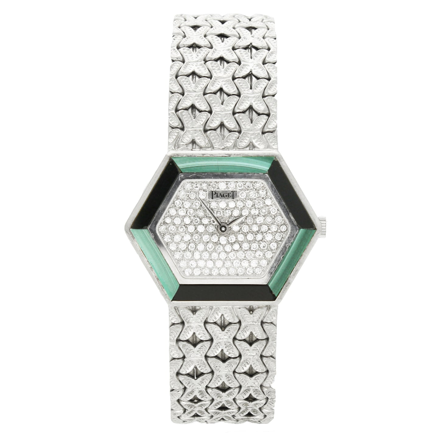 18ct white gold 'hexagonal cased' Piaget, with diamond set dial and malachite and onyx bezel bracelet watch. Made 1970's