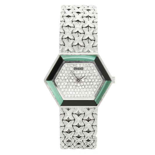 18ct white gold 'hexagonal cased' Piaget ref. 9553 with diamond set dial and malachite and onyx bezel bracelet watch. Made 1970's