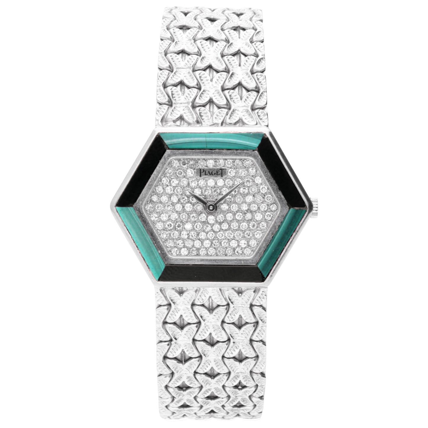 18ct white gold 'hexagonal cased' Piaget ref. 9553 with diamond set dial and malachite and onyx bezel bracelet watch. Made 1970's