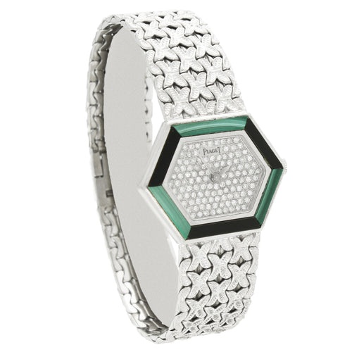 18ct white gold 'hexagonal cased' Piaget, with diamond set dial and malachite and onyx bezel bracelet watch. Made 1970's