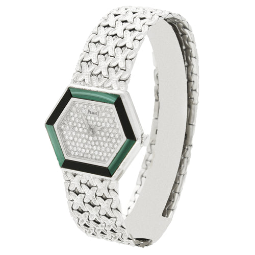 18ct white gold 'hexagonal cased' Piaget, with diamond set dial and malachite and onyx bezel bracelet watch. Made 1970's