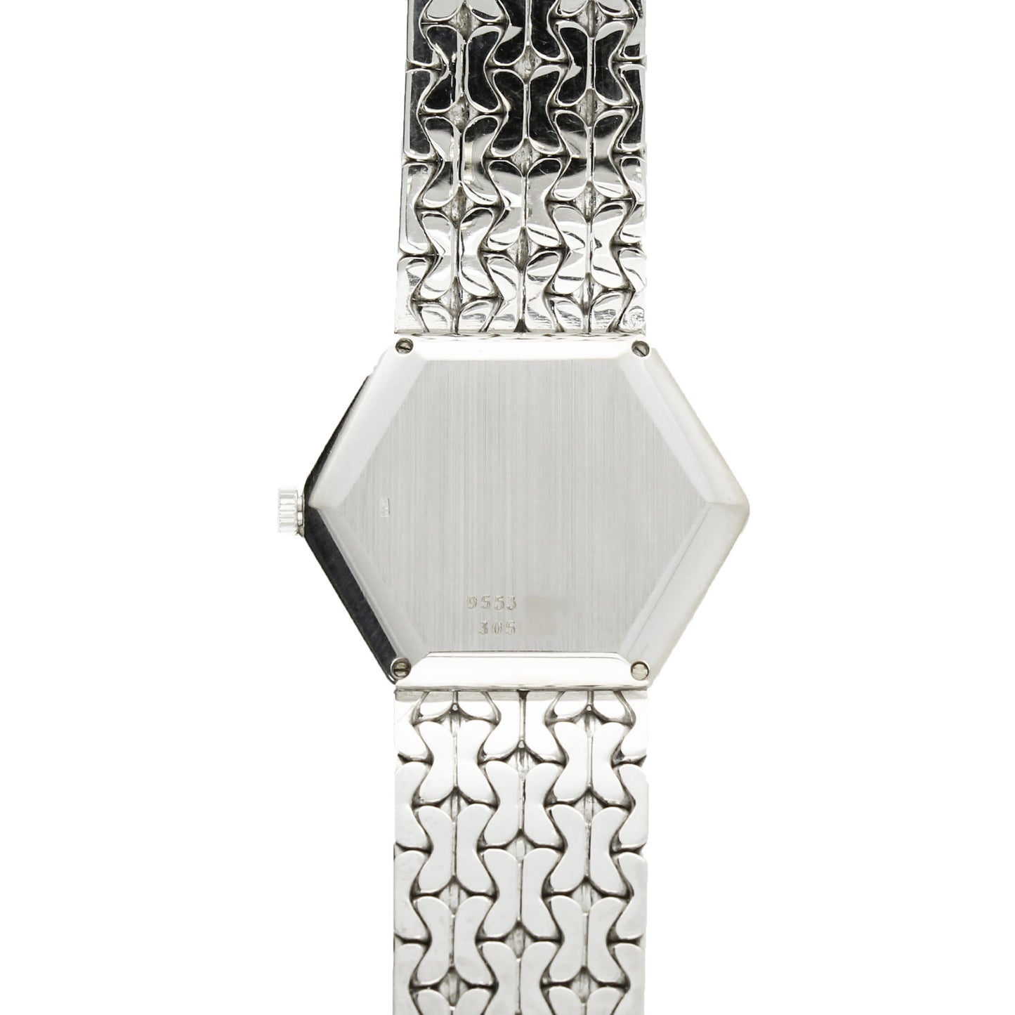 18ct white gold 'hexagonal cased' Piaget, with diamond set dial and malachite and onyx bezel bracelet watch. Made 1970's