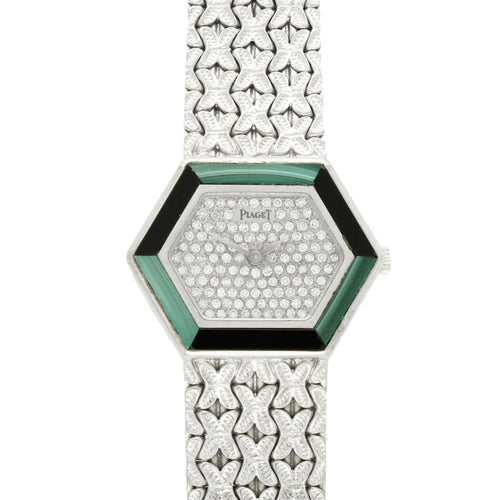 18ct white gold 'hexagonal cased' Piaget, with diamond set dial and malachite and onyx bezel bracelet watch. Made 1970's