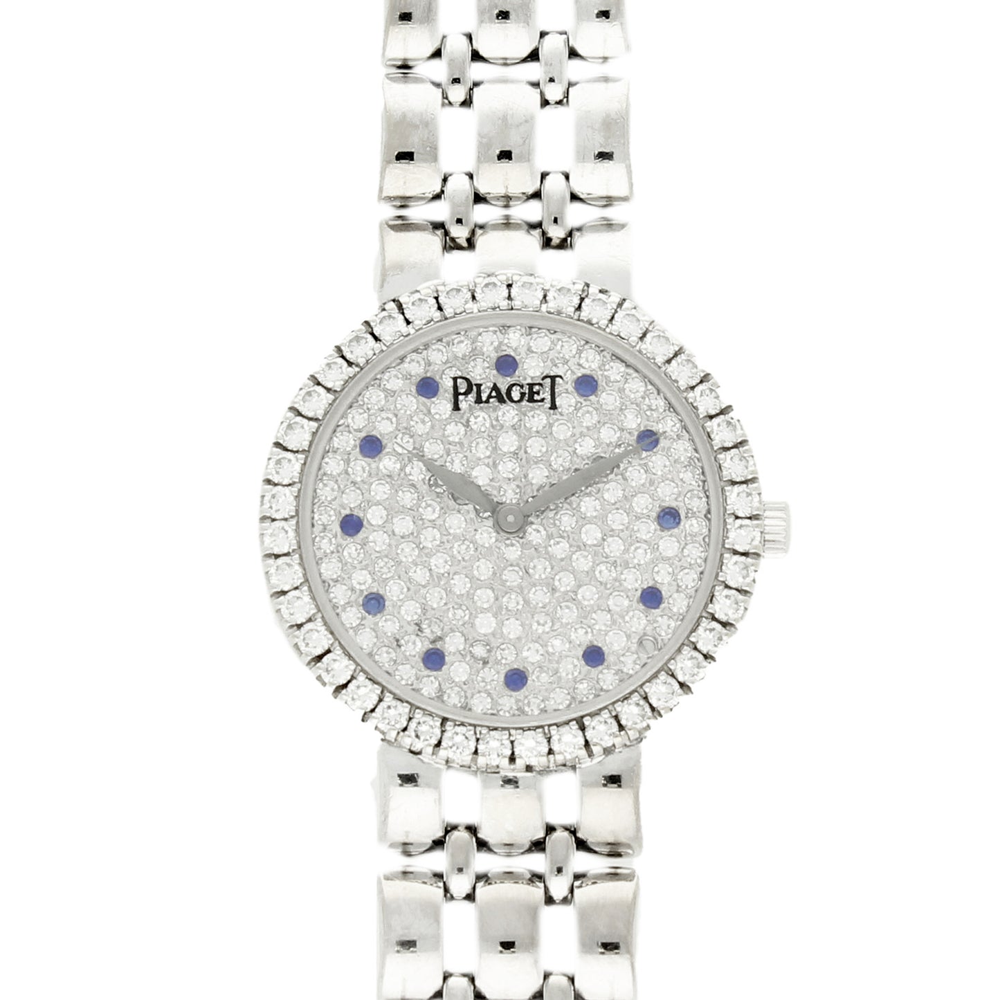18ct white gold 'round cased' Piaget, with diamond set dial and bezel bracelet watch. Made 1970s