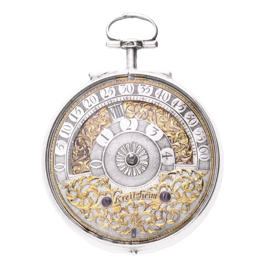 Silver Johann Christoph Strigell, Kreilsheim pair cased wandering hour verge watch. Made 1700