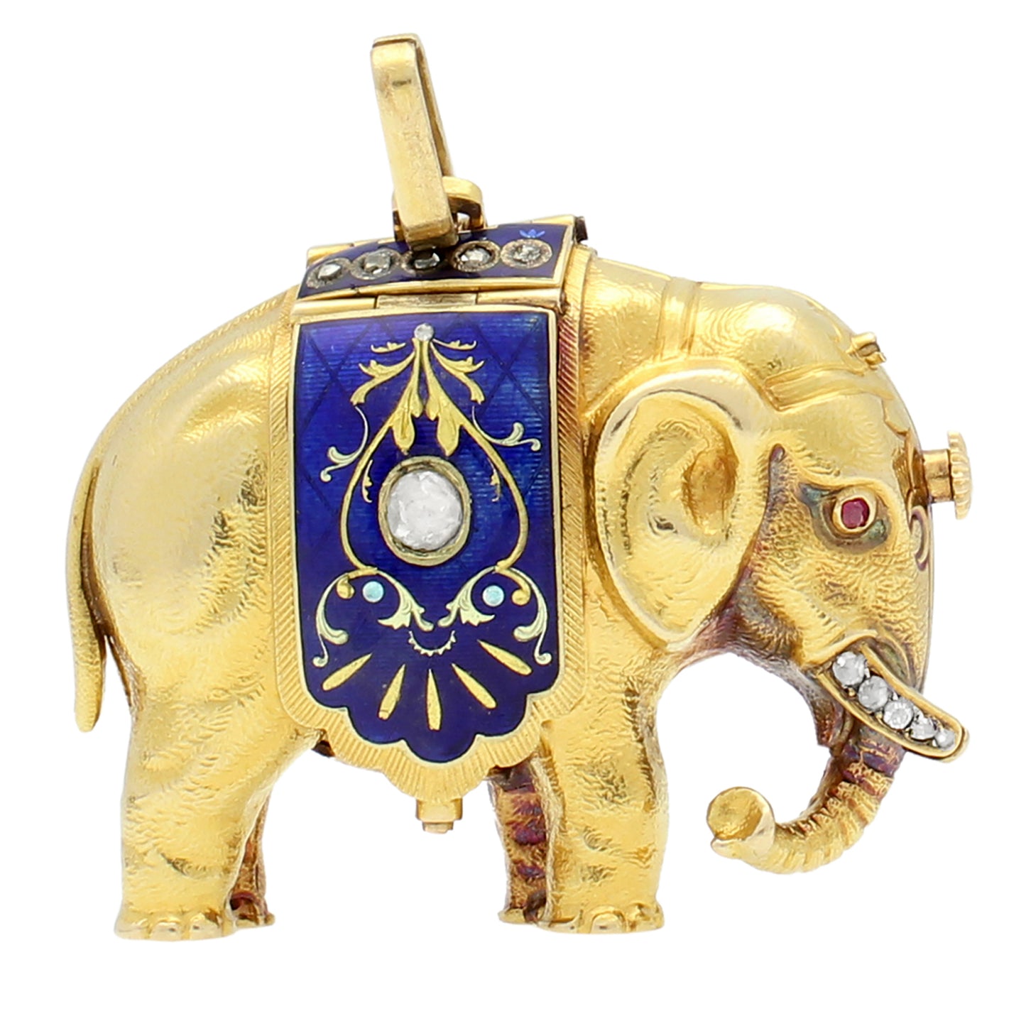 18ct yellow gold and enamel set Swiss form watch in the shape of an Elephant, made for the Chinese Market. Made 1820s