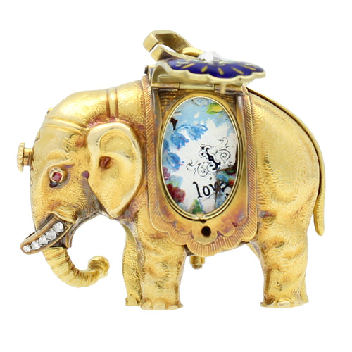 18ct yellow gold and enamel set Swiss form watch in the shape of an Elephant, made for the Chinese Market. Made 1820s