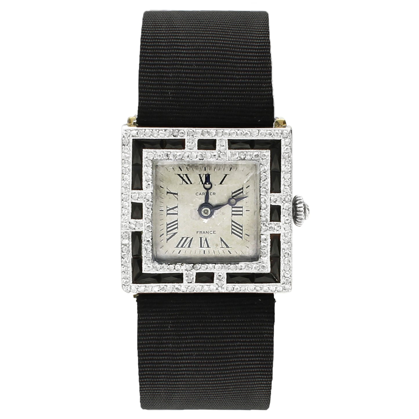 Platinum Cartier onyx and diamond set cocktail watch. Made 1920's