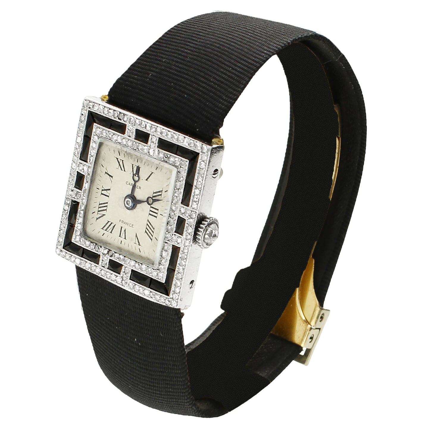 Platinum Cartier onyx and diamond set cocktail watch. Circa 1920