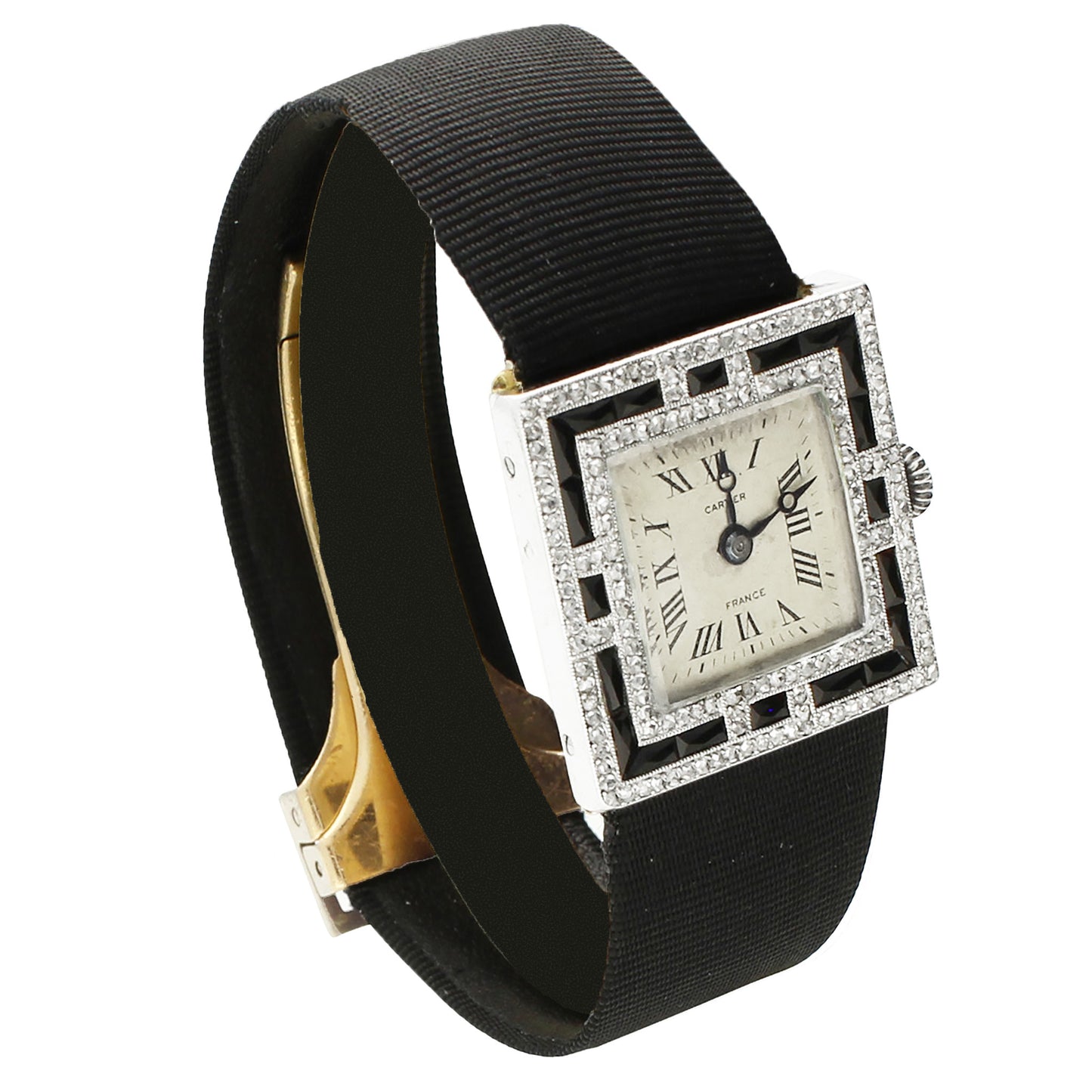 Platinum Cartier onyx and diamond set cocktail watch. Circa 1920