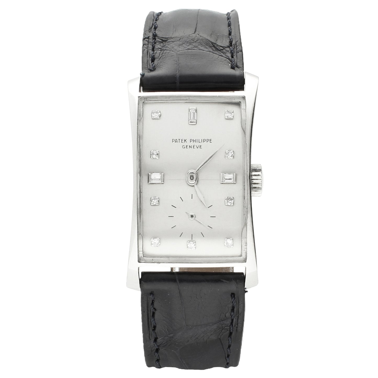 Platinum Patek Philippe ref. 1593 ''Hour Glass'' wristwatch with diamond set dial. Made 1954