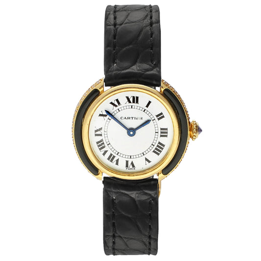 18ct yellow gold Cartier diamond and onyx set Vendôme wristwatch. Made 1970s