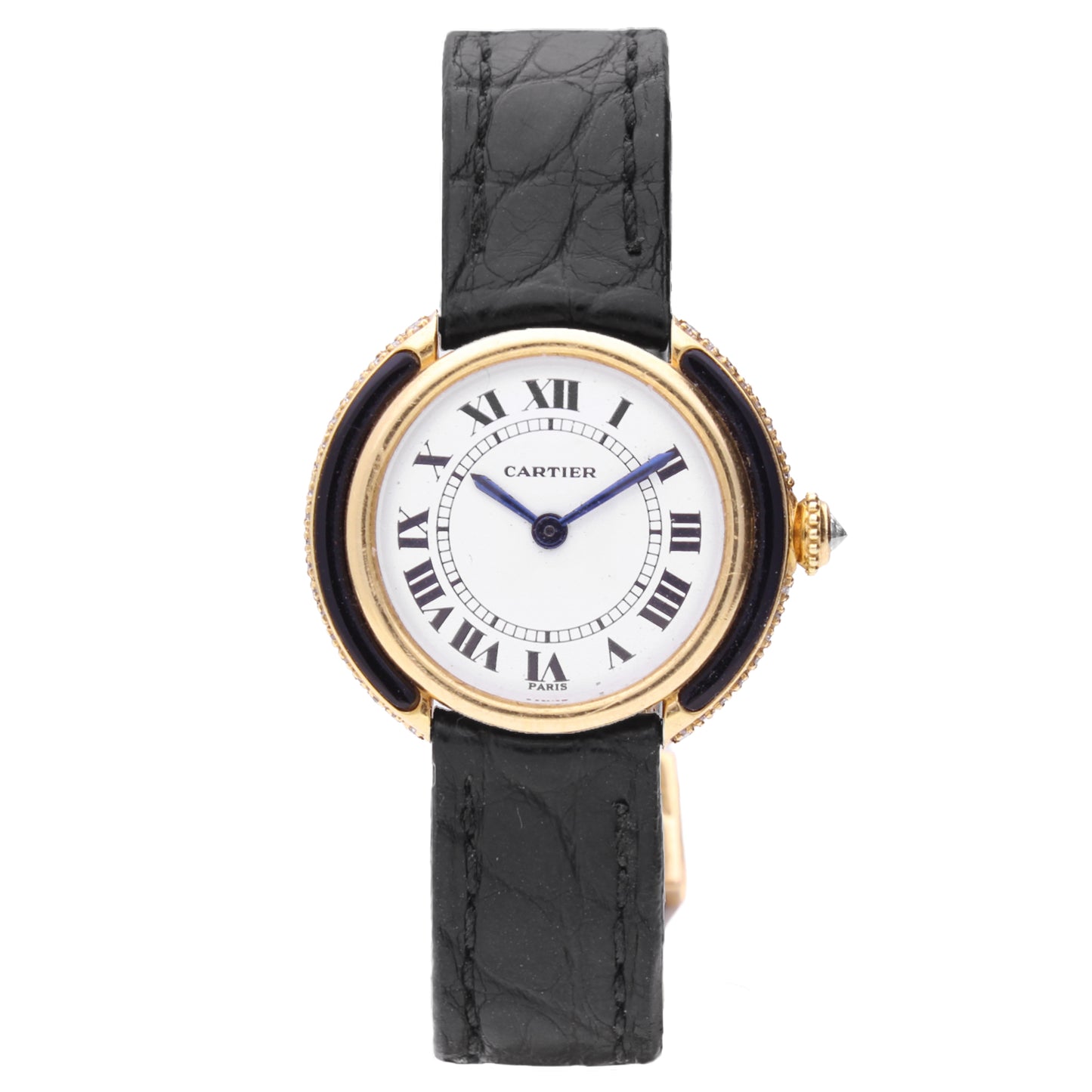 18ct yellow gold Cartier diamond and onyx set Vendôme wristwatch. Made 1970s