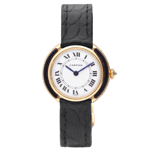 18ct yellow gold Cartier diamond and onyx set Vendôme wristwatch. Made 1970s