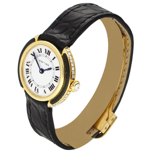 18ct yellow gold Cartier diamond and onyx set Vendôme wristwatch. Made 1970s