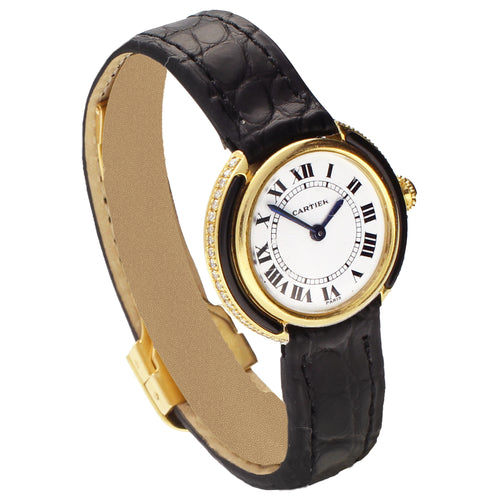 18ct yellow gold Cartier diamond and onyx set Vendôme wristwatch. Made 1970s