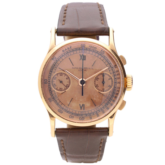 18ct rose gold Patek Philippe ref. 130 chronograph wristwatch. Made 1942