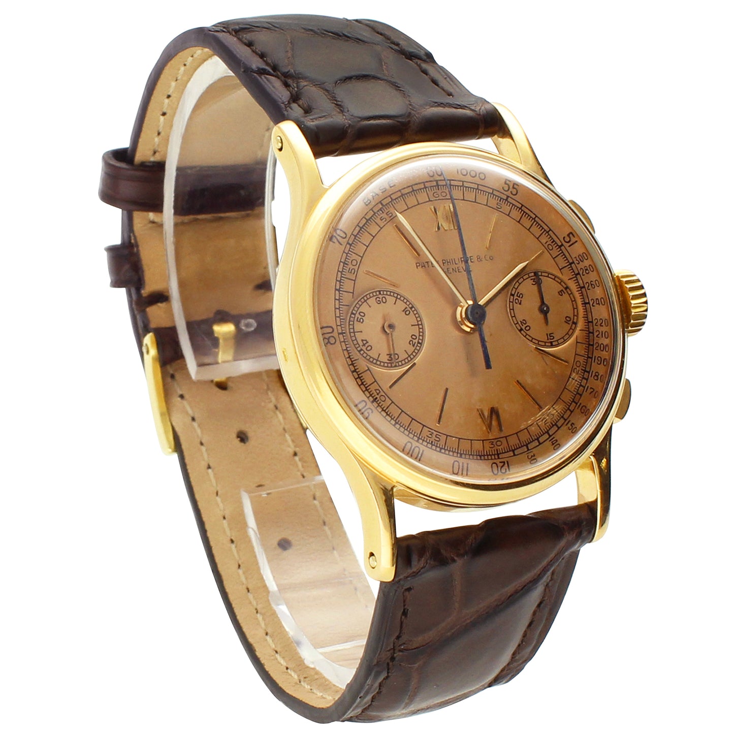 18ct rose gold Patek Philippe ref. 130 chronograph wristwatch. Made 1942