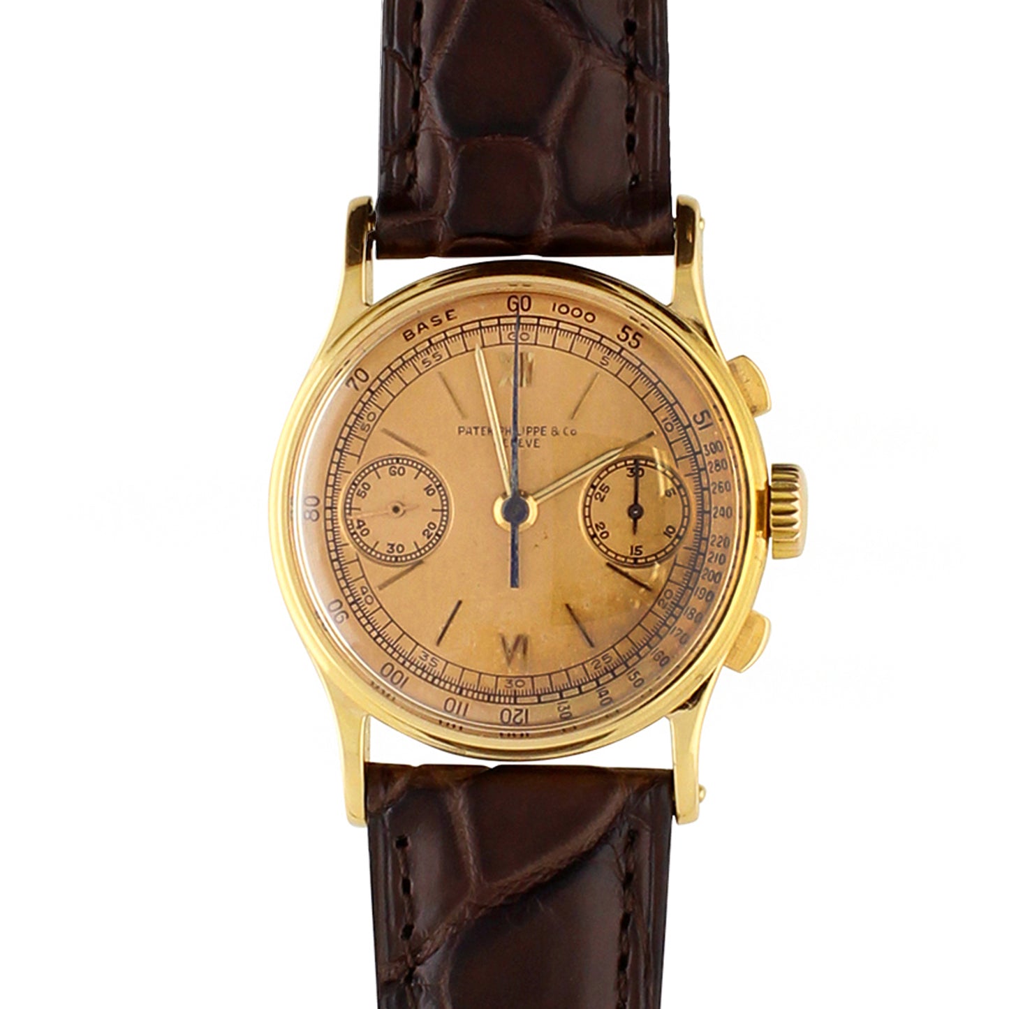 18ct rose gold Patek Philippe ref. 130 chronograph wristwatch. Made 1942