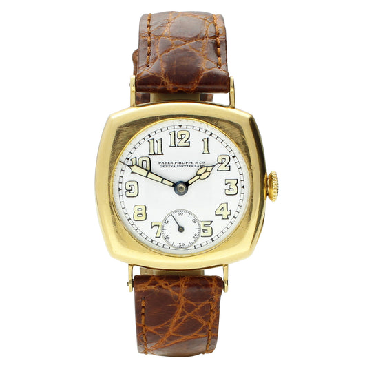 18ct yellow gold Patek Philippe cushion cased wristwatch with enamel dial, retailed by Shreve & Co. San Francisco. Made 1920