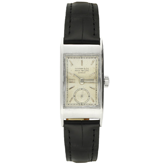 Platinum Patek Philippe ref. 725 wristwatch, retailed by TIFFANY & CO. Made 1948