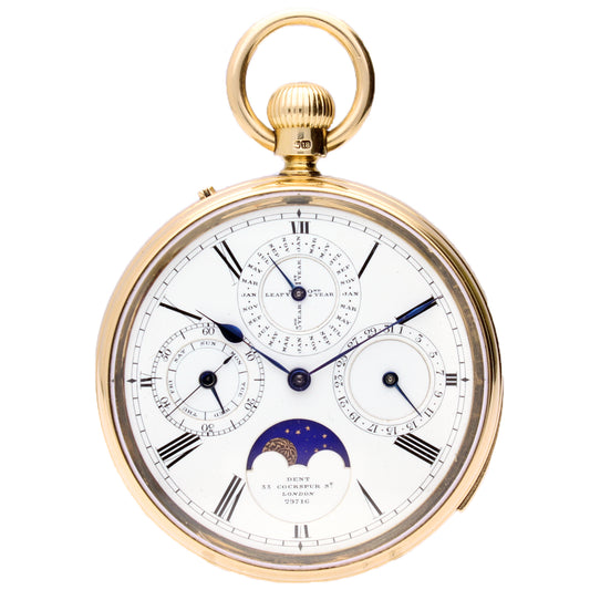 18ct yellow gold Dent minute repeating perpetual calendar pocketwatch. Made 1883